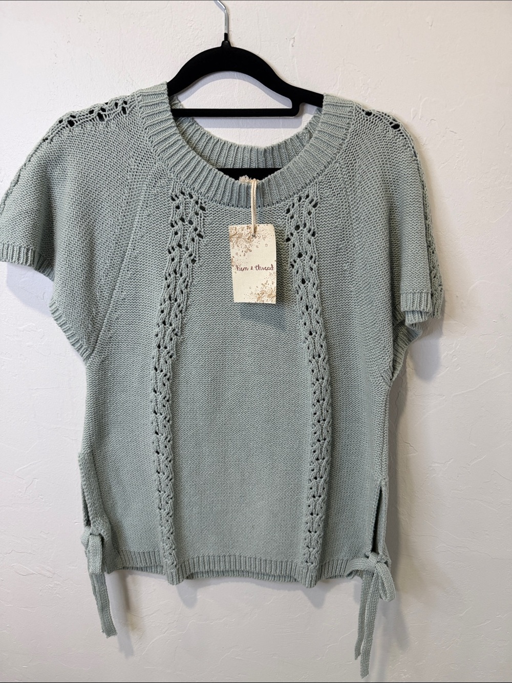 Hem & Thread Sage Green Short-Sleeve Knit Sweater with Side Ties